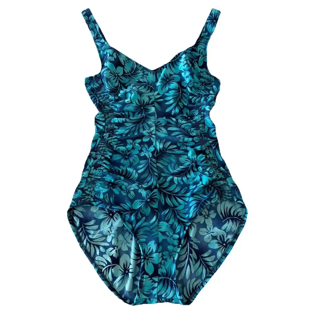 Vtg Maxine of Hollywood Sz 12 Blue Floral One Piece Swimsuit Ruched Tropical 90s